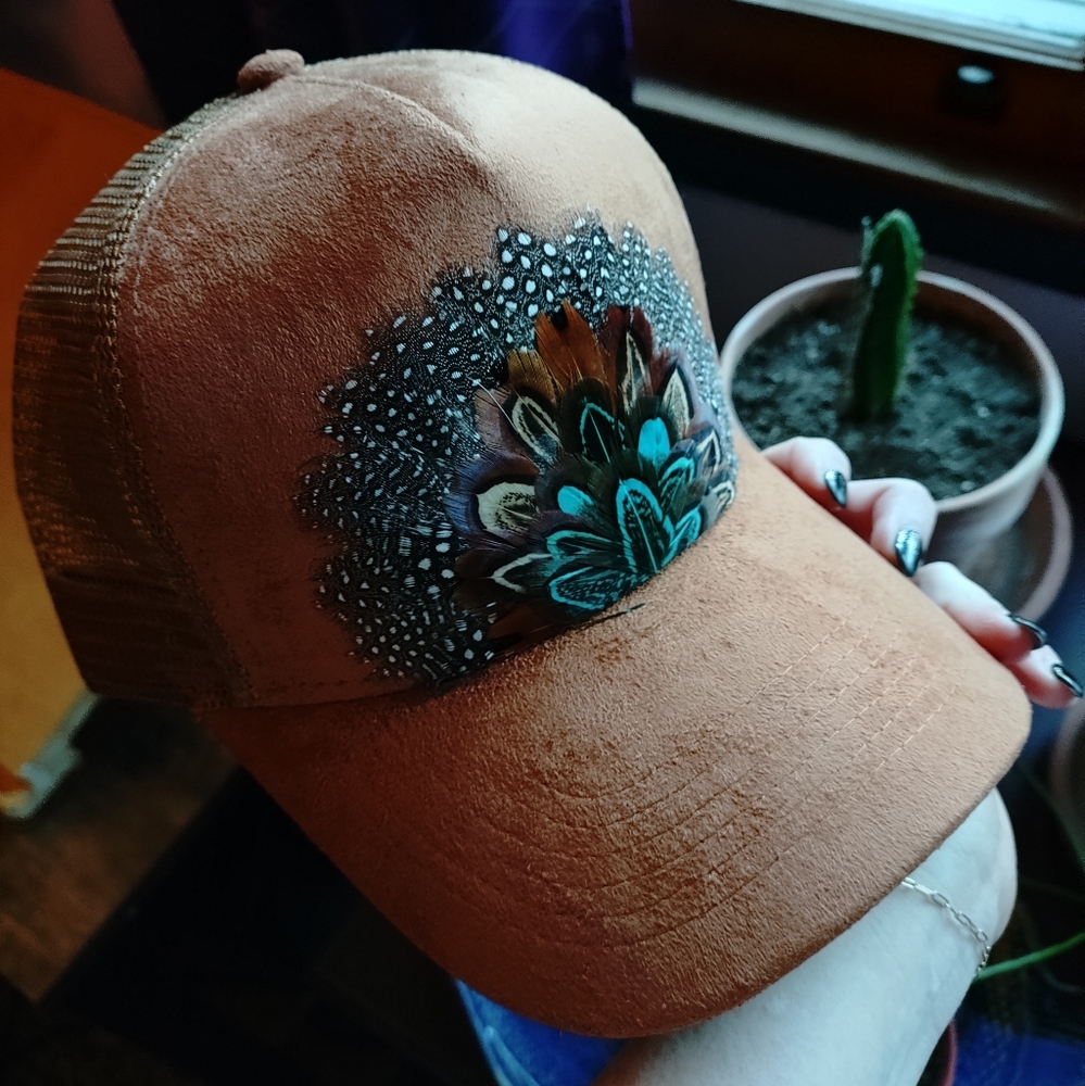 New Brown Suade Feather-Embellished Handmade Cap Adjustable